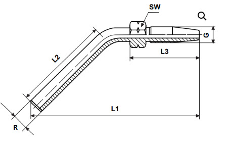 Końcówka skrętna kątowa 45° DN4 / 8,6mm R-6mm L55,1mm Końcówka skrętna kątowa 45° DN4 / 8,6mm R-6mm L55,1mm