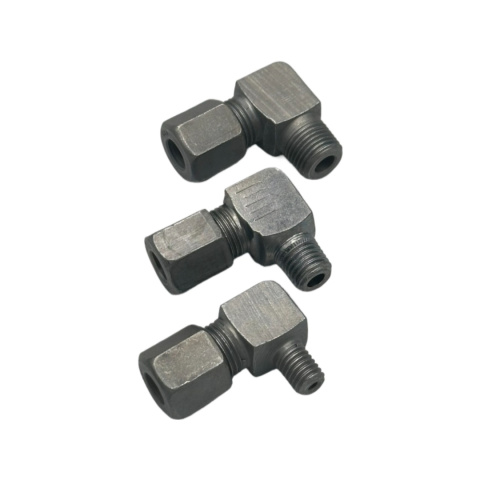 Złączka kątowa 90° M6x1" - 6mm (korpus/pierścień/nakrętka) Złączka kątowa 90° M6x1" - 6mm (korpus/pierścień/nakrętka)